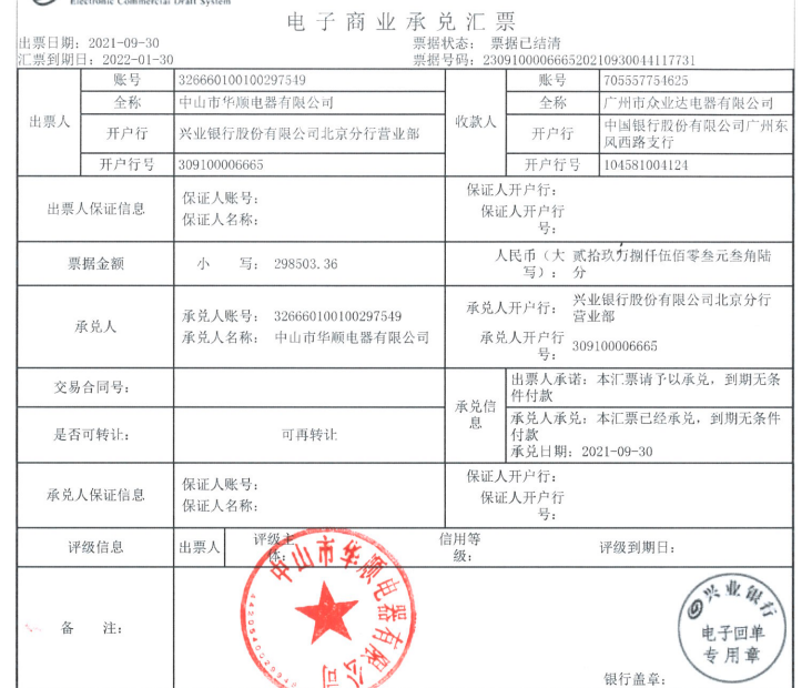 中山市华顺电器商业承兑汇票不存在商业信用风险公告