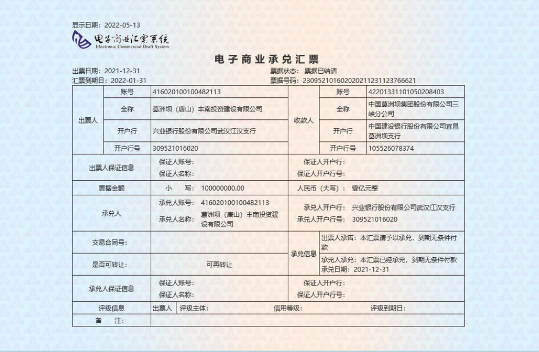 葛洲坝(唐山)丰南投资建设电子商业承兑汇票信用风险公告